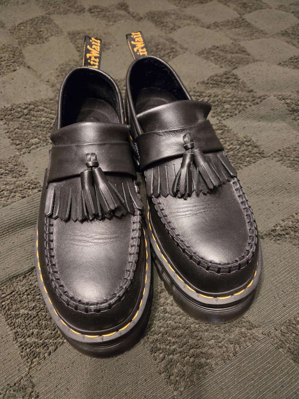 Dr. Martens Black Leather Tassel Loafers with Yellow Stitching